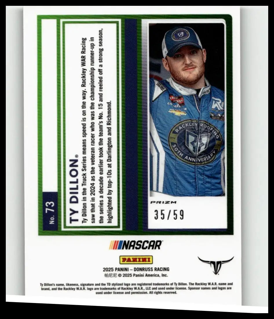 Blue racing suit with white stripes and sponsor logos worn by ty dillon on 2025 donruss #73 dillon optic purple card