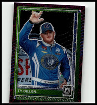 Blue and white racing suit worn by ty dillon on 2025 donruss 73 dillon optic purple velocity collectible card numbered 59