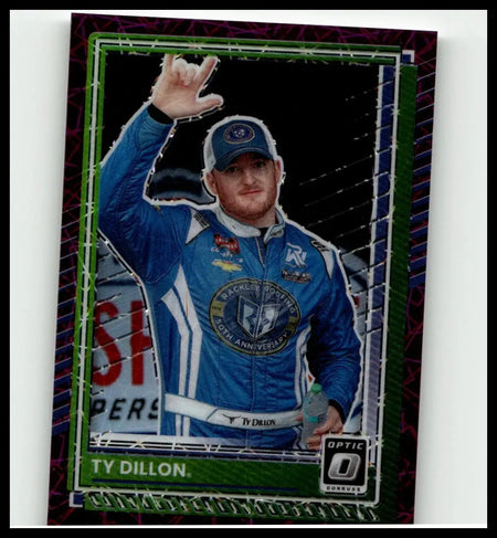 Blue and white racing suit worn by ty dillon on 2025 donruss 73 dillon optic purple velocity collectible card numbered 59