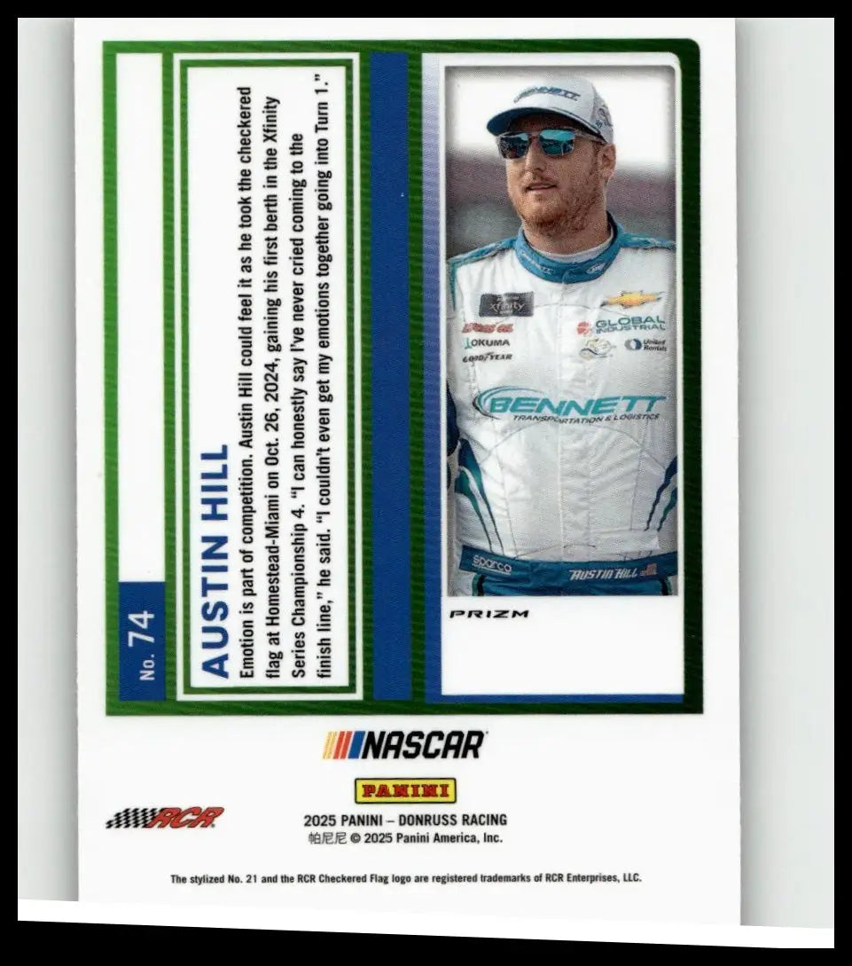 2025 Donruss #74 Austin Hill optic holo trading card featuring Austin Hill in white and teal uniform with sunglasses and cap