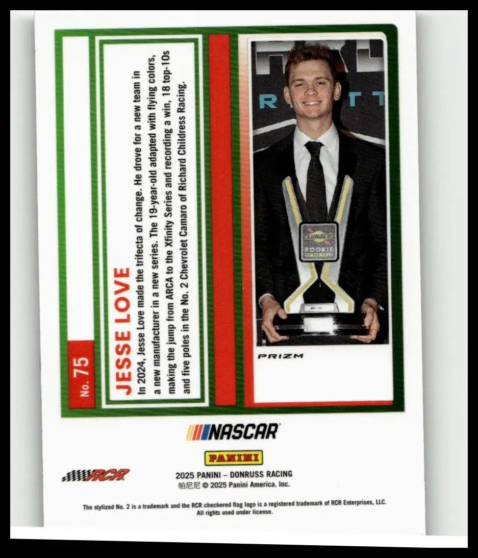 Jesse Love holds a sleek black and silver trophy with yellow accents in the 2025 Donruss 75 Jesse Love Optic card
