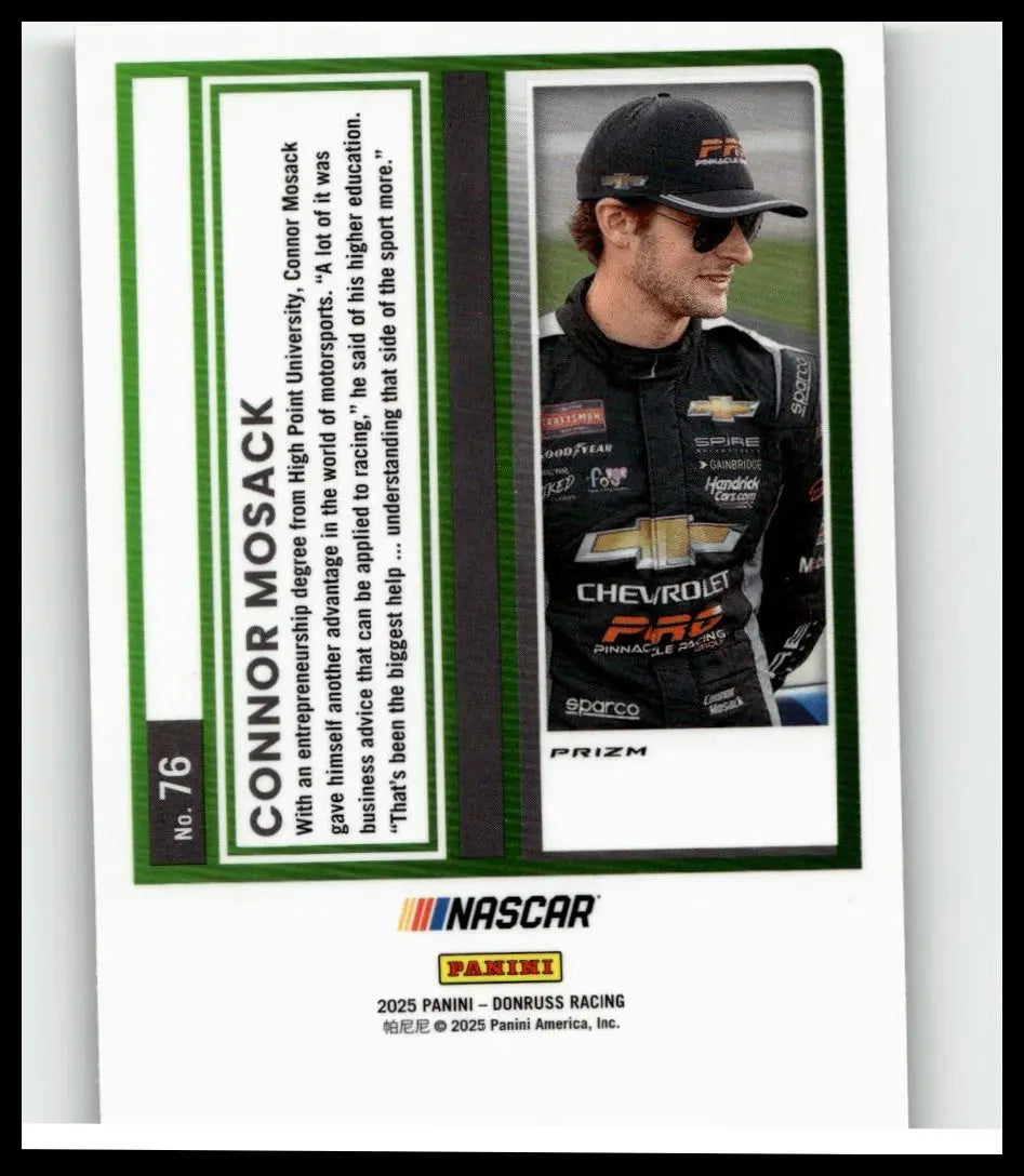 Black and silver 2025 donruss mosack optic holo nascar trading card featuring driver connor mosack in racing suit