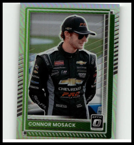 Green holographic border 2025 donruss #76 connor mosack optic holo trading card featuring mosack in black silver chevrolet suit