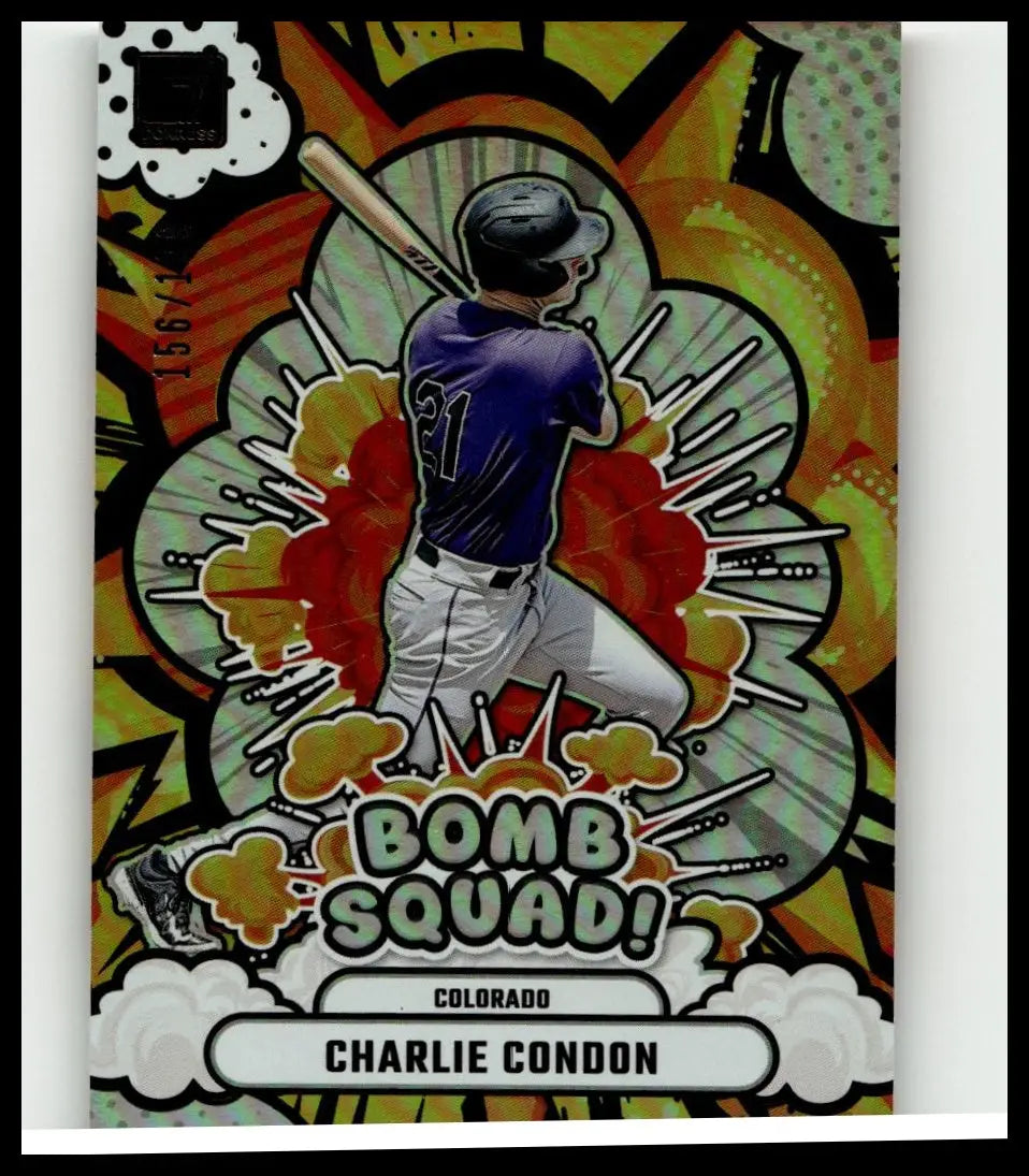 A vibrant 2025 donruss charlie condon bomb squad baseball trading card with player in purple jersey number 21