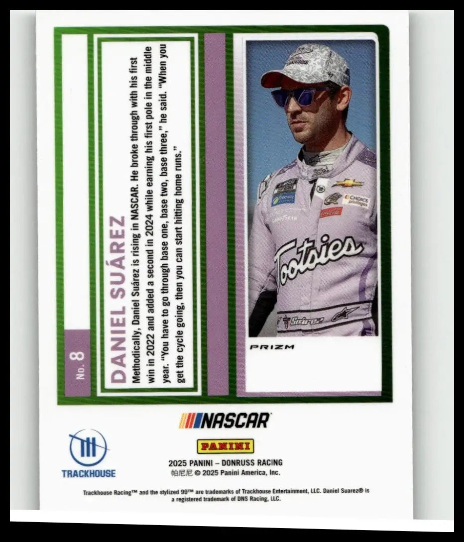 2025 donruss #8 daniel suarez optic holo purple and white nascar racing jersey with tosties and chevrolet logos