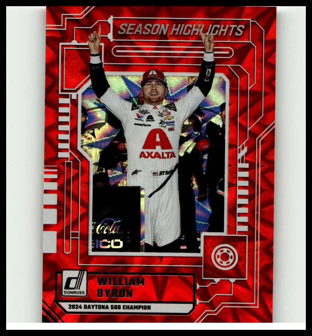 Red and white 2025 donruss william byron season highlights card featuring byron celebrating as 2024 daytona 500 champion