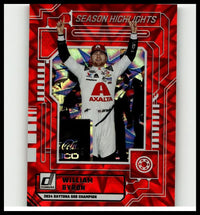 Red and white 2025 donruss william byron season highlights card featuring byron celebrating as 2024 daytona 500 champion
