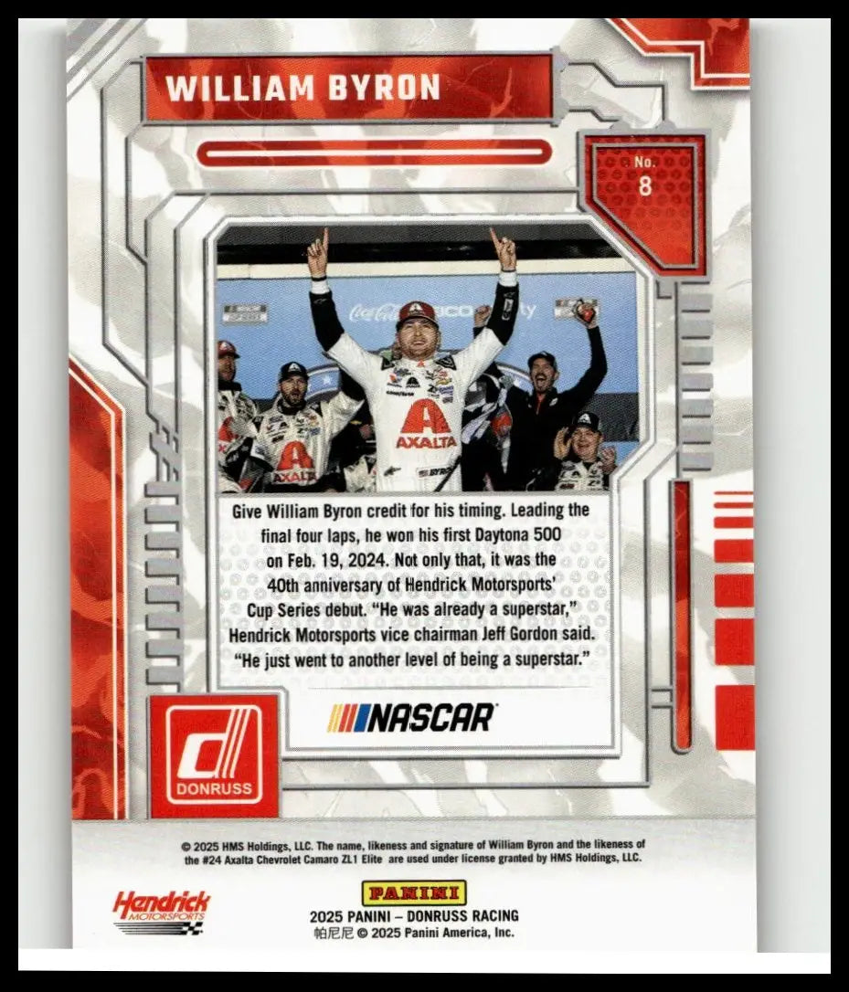 Red and silver framed nascar trading card featuring william byron in white racing suit celebrating byron season highlights