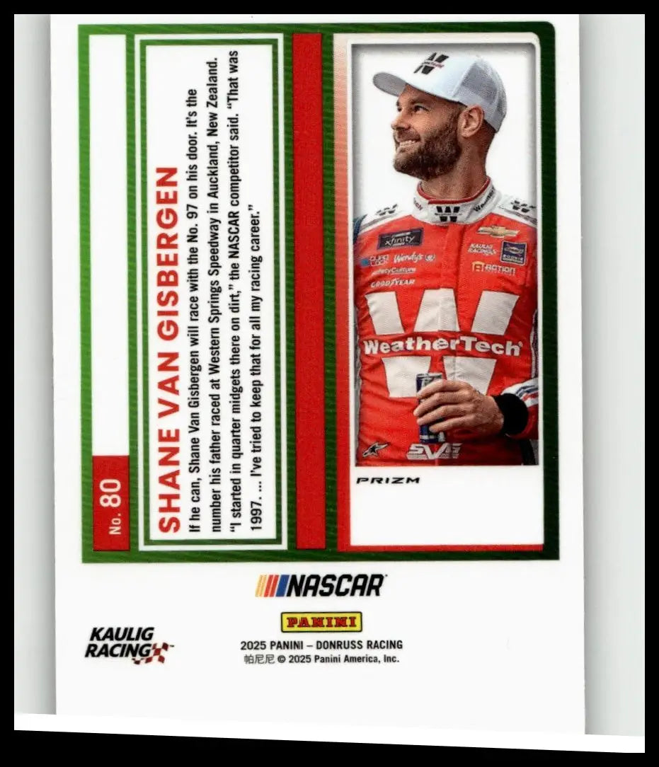 Image of 2025 donruss #80 shane van gisbergen optic trading card featuring shane van gisbergen in red and white racing suit with sponsor logos