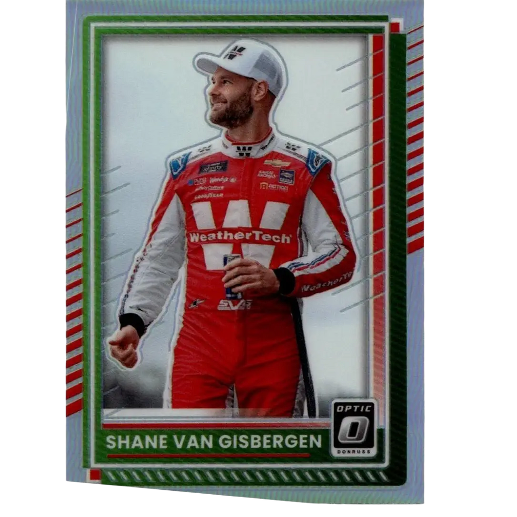 Red and white racing suit with weathertech branding worn by shane van gisbergen in 2025 donruss van gisbergen optic