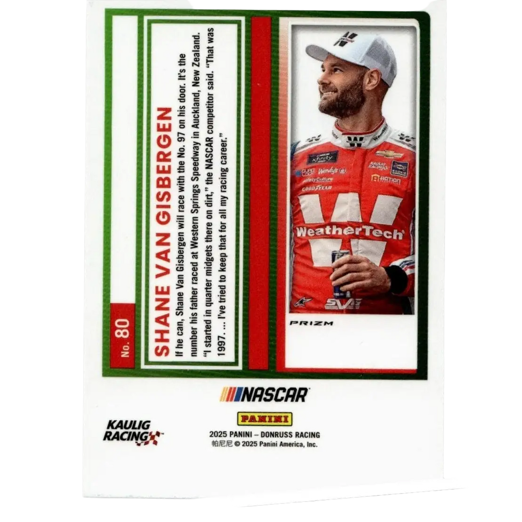Red and white nascar trading card featuring driver shane van gisbergen in racing suit from 2025 donruss van gisbergen optic