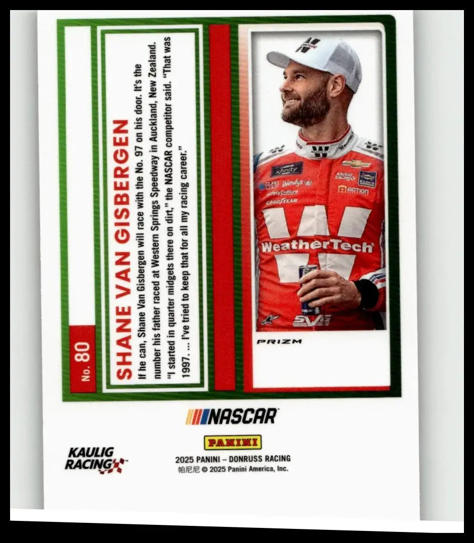 Red and white nascar trading card featuring driver shane van gisbergen in racing suit from 2025 donruss #80 optic series
