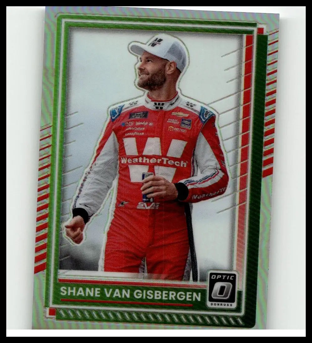 2025 Donruss #80 Shane Van Gisbergen optic trading card featuring red and white WeatherTech racing suit worn by Shane Van