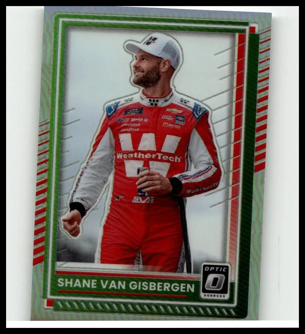 Red and white racing suit with blue accents and weathertech branding from 2025 donruss #80 shane van gisbergen optic