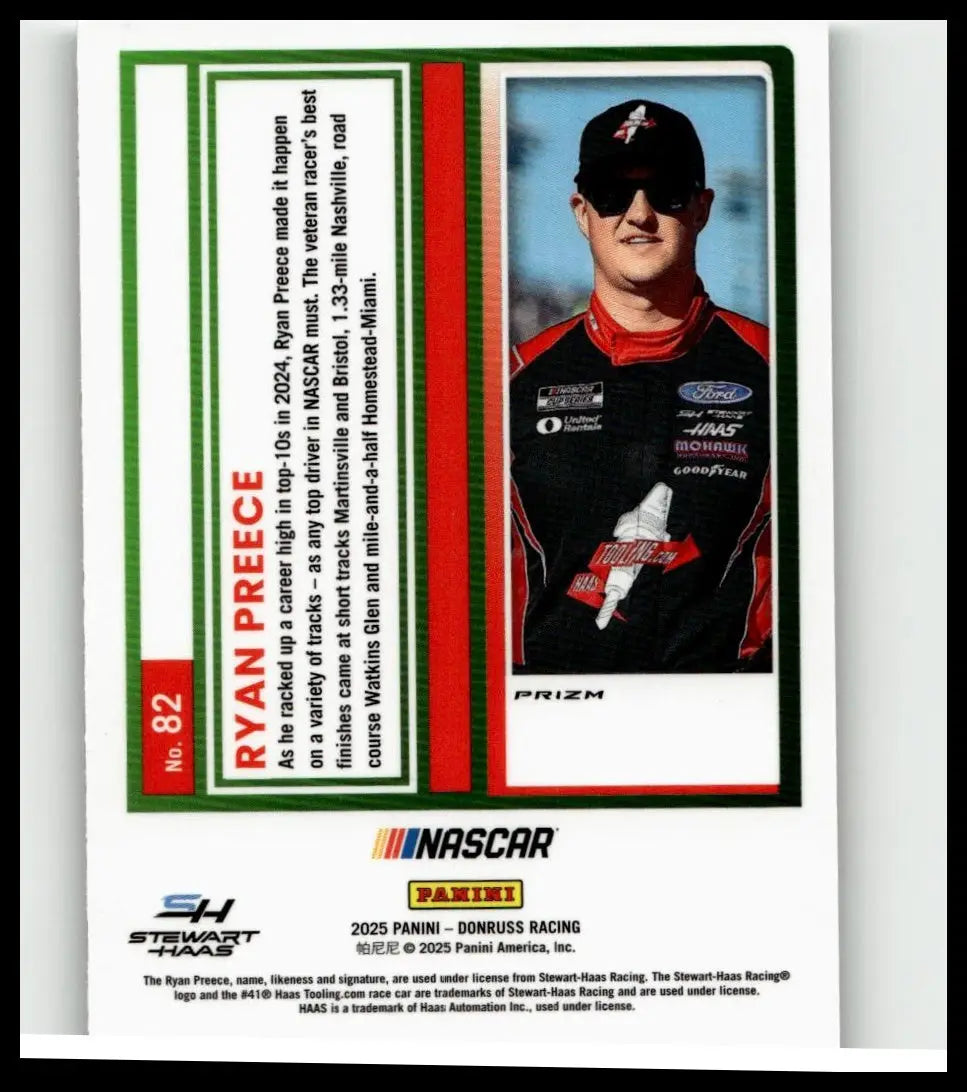 Nascar trading card featuring ryan preece in a black and red suit from 2025 donruss 82 preece optic holo series