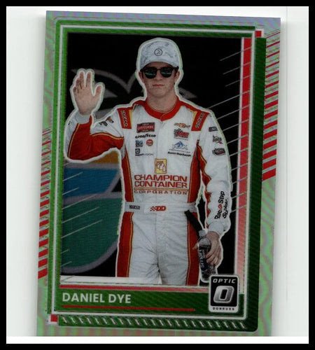 A 2025 donruss #83 daniel dye optic trading card featuring dye in a white and red racing suit with sunglasses and waving
