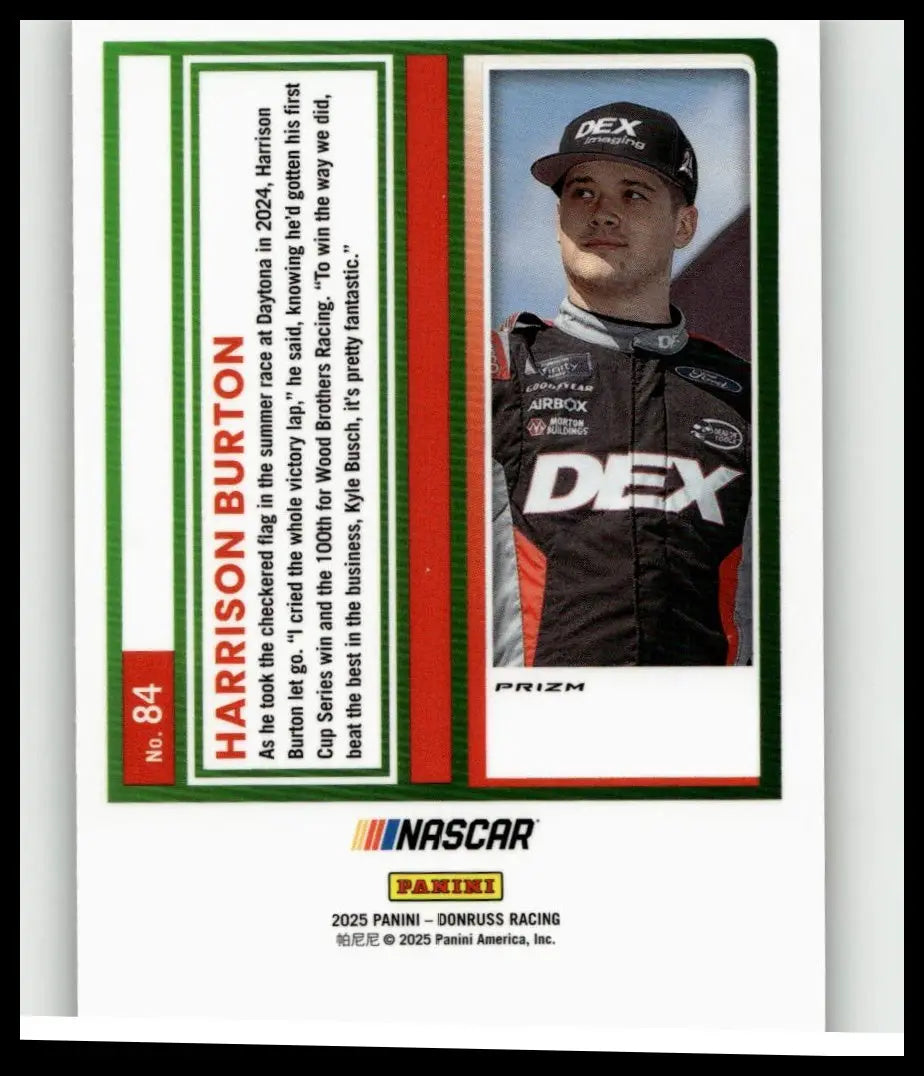 Nascar trading card 2025 donruss #84 featuring harrison burton in black and red racing suit burton optic holo