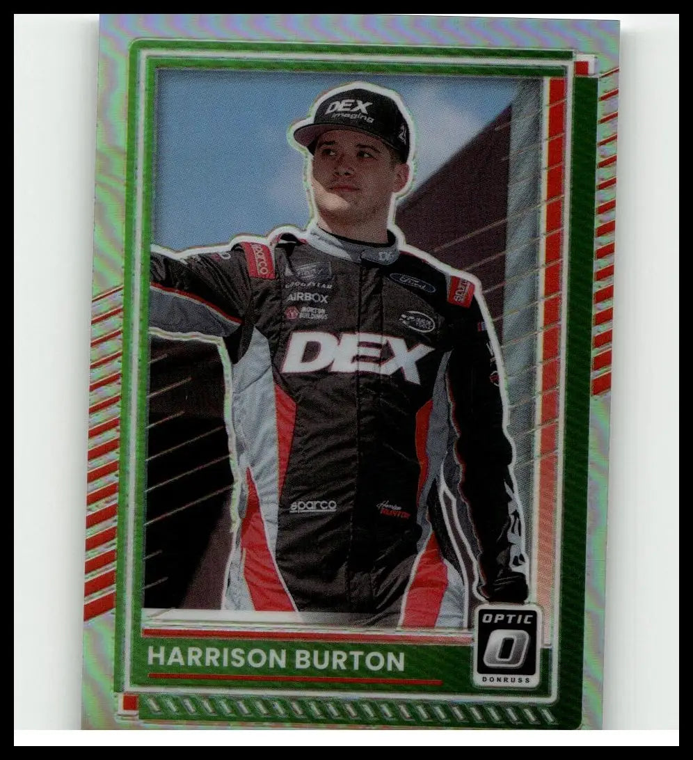2025 donruss #84 harrison burton optic holo trading card with black red and white racing suit design and sponsor logos