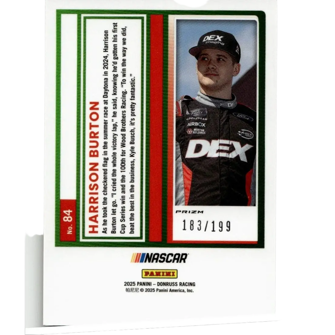 A black and red racing suit with white dex lettering worn by harrison burton on a 2025 donruss burton optic red velocity card