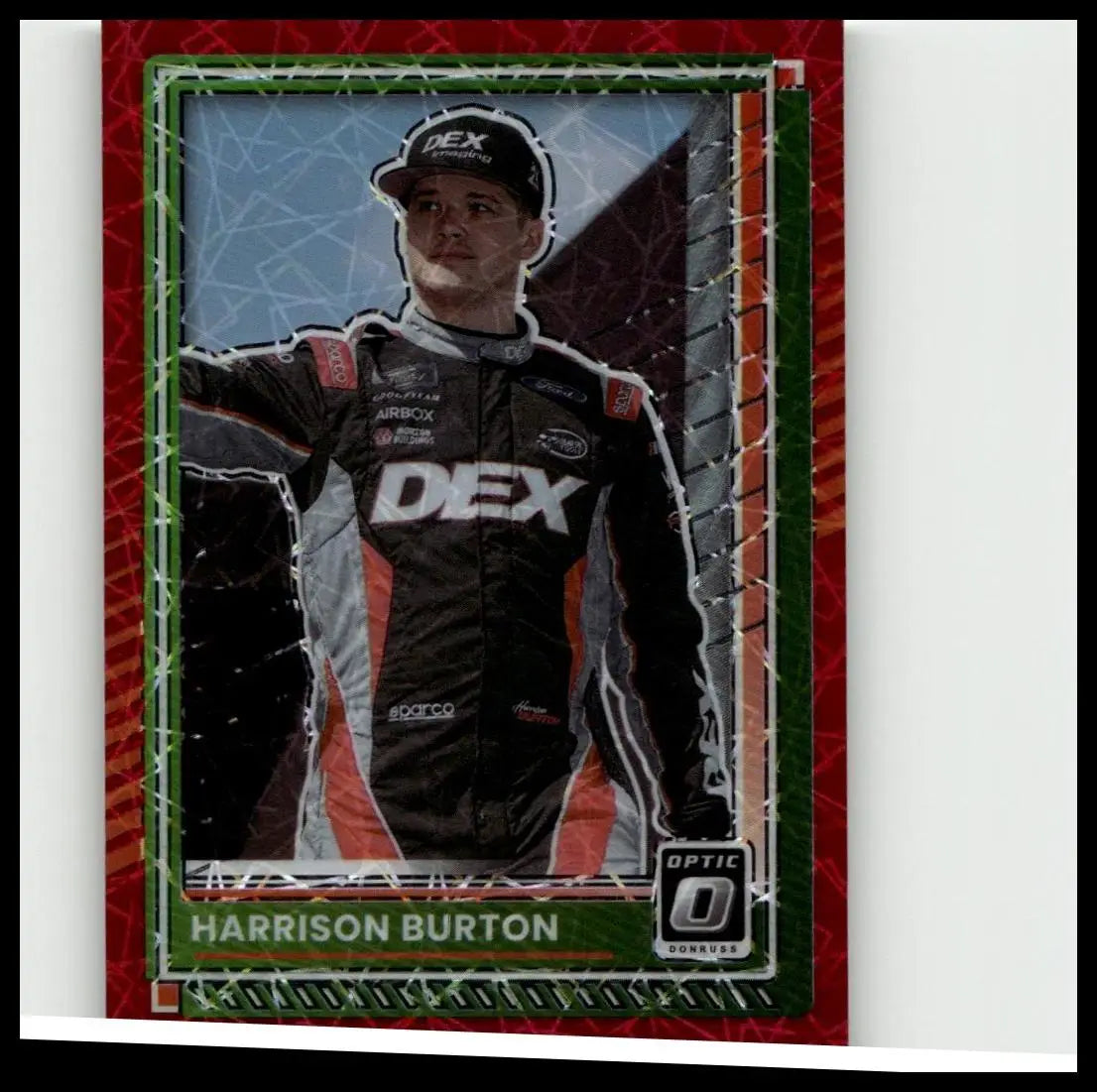 2025 donruss harrison burton optic red velocity trading card with black red silver design and dex logo numbered 84 of 199