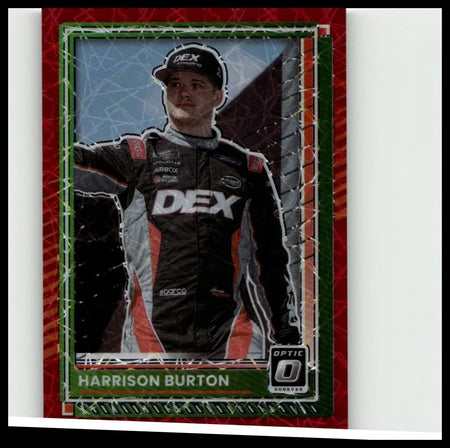 2025 donruss harrison burton optic red velocity trading card with black red silver design and dex logo numbered 84 of 199