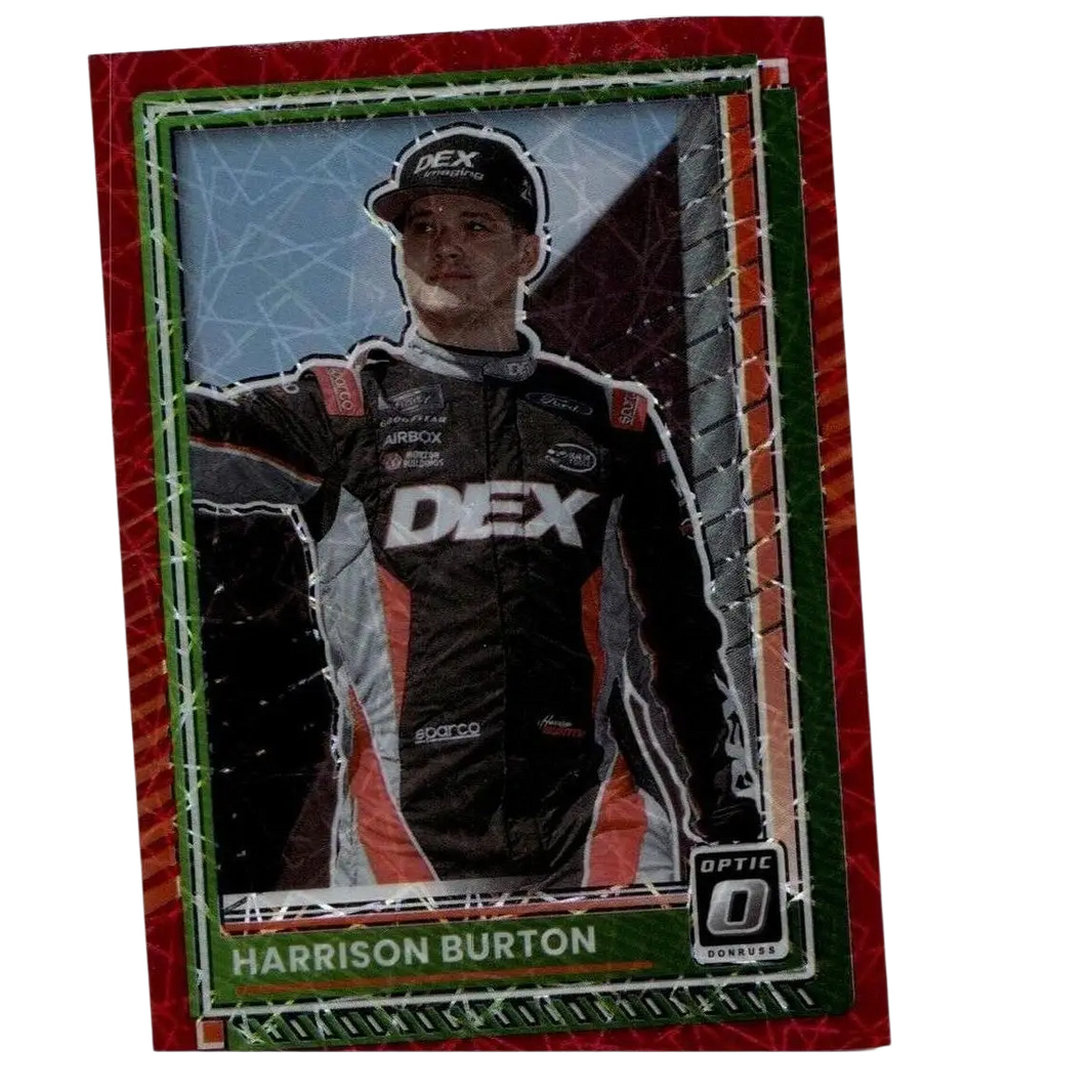 Red and green framed 2025 donruss harrison burton optic red velocity collectible trading card in racing suit