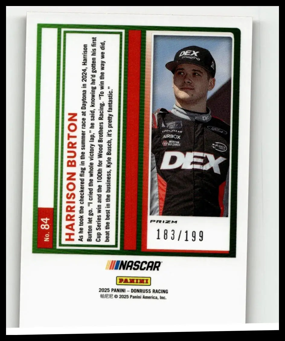 2025 donruss harrison burton optic red velocity trading card featuring black red dex suit on glossy cardboard numbered 199