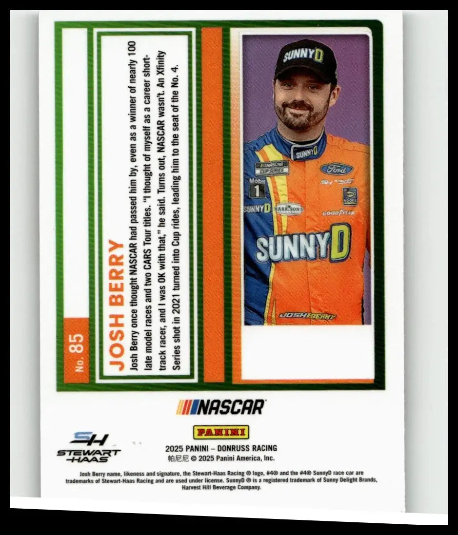2025 donruss #85 josh berry optic trading card featuring josh berry in orange and blue sunny d racing suit