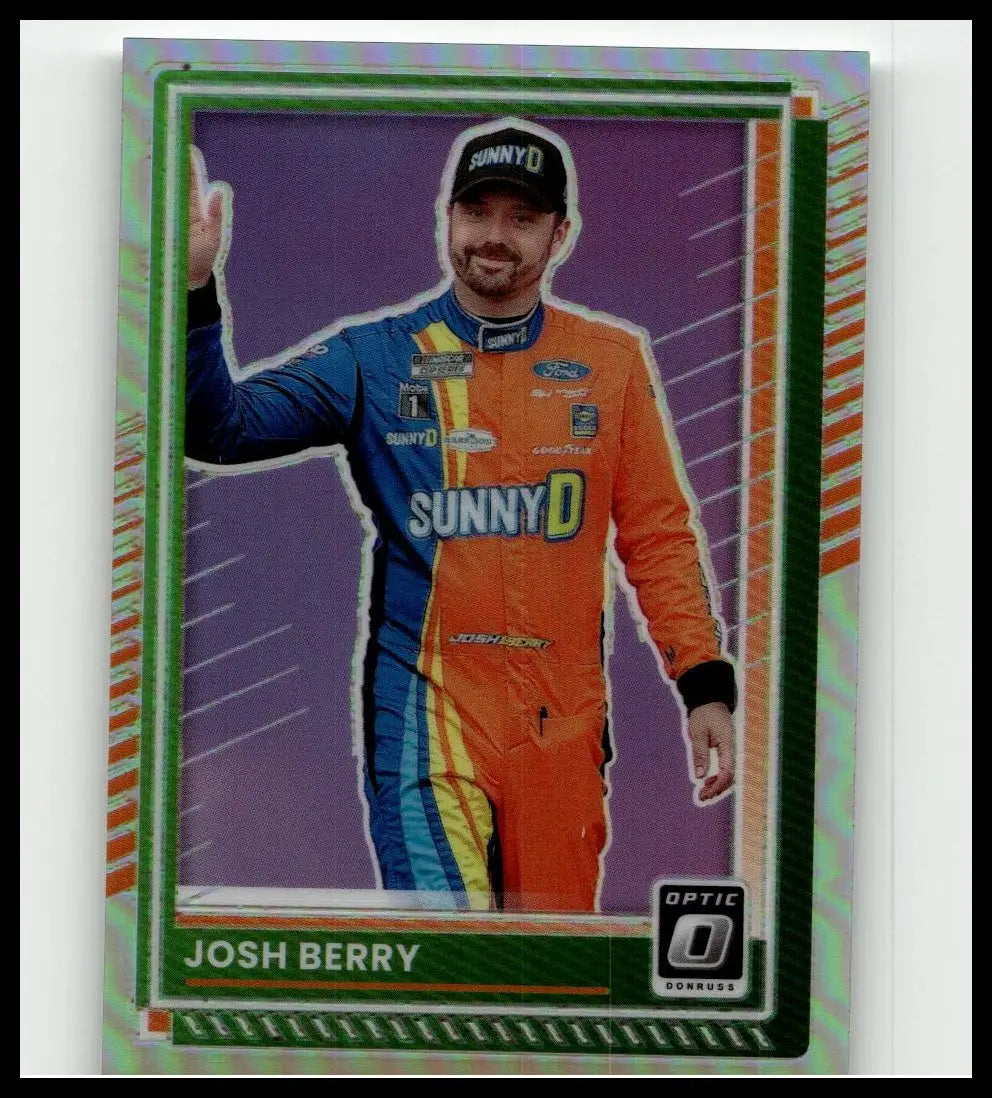 2025 donruss #85 josh berry optic trading card featuring josh berry in orange blue sunny d suit with green iridescent border