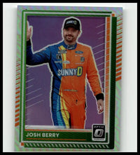 2025 donruss #85 josh berry optic trading card featuring josh berry in orange blue sunny d suit with green iridescent border