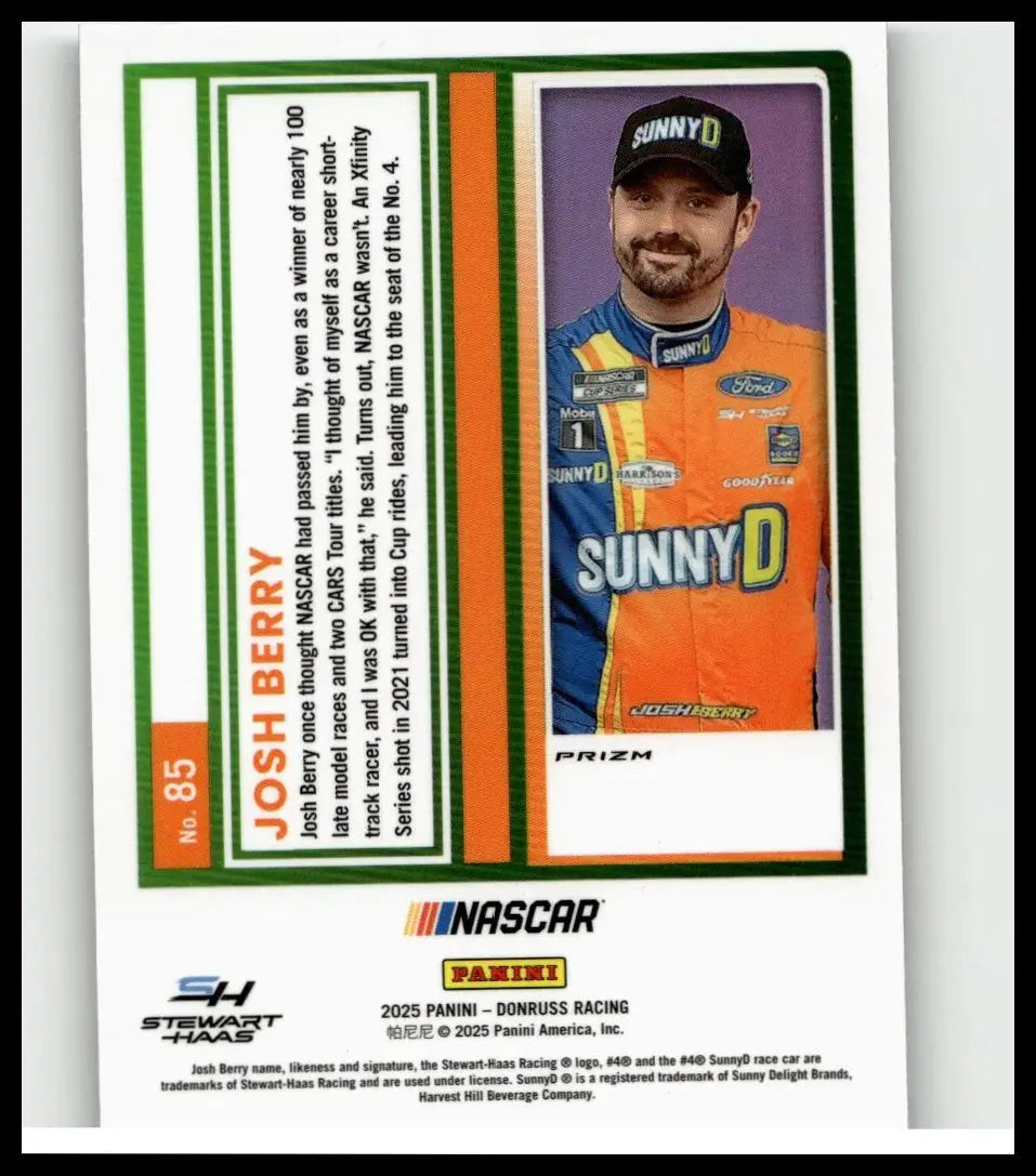 Orange and blue nascar racing suit with sunny d branding worn by driver josh berry in 2025 donruss berry optic
