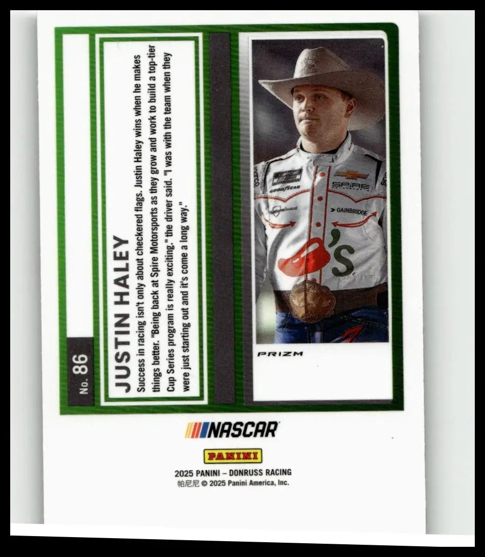 2025 donruss #86 justin haley optic holo trading card featuring haley in a white suit with red black graphics and cowboy hat
