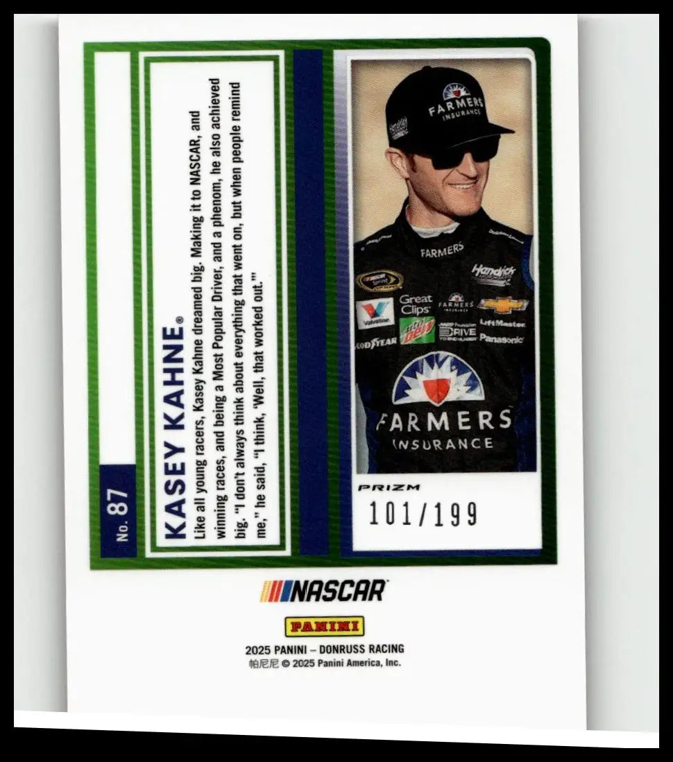 A collectible 2025 donruss kasey kahne optic red velocity nascar trading card featuring kahne in black suit with farmers logo