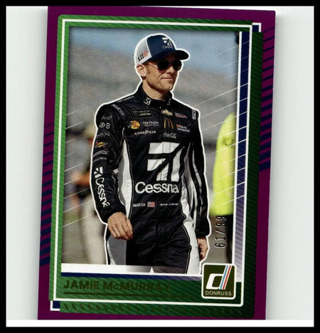 Purple and green bordered 2025 Donruss #89 Jamie McMurray purple trading card featuring McMurray in black suit and sunglasses