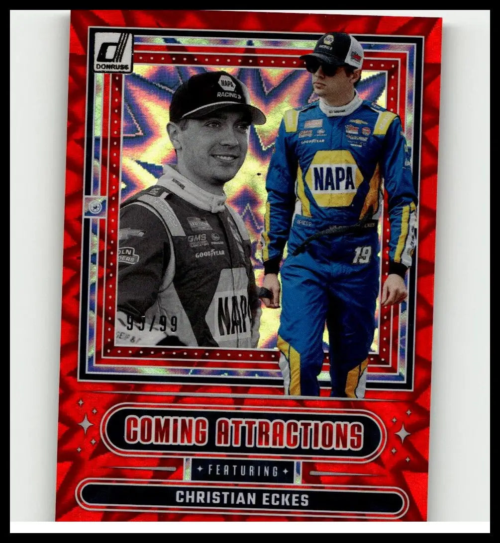 Red holographic-bordered 2025 donruss christian eckes coming attractions trading card featuring two napa drivers