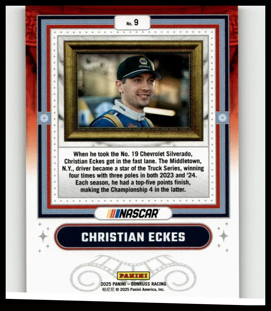 This collectible nascar trading card features christian eckes in uniform within a gold frame from eckes coming attractions