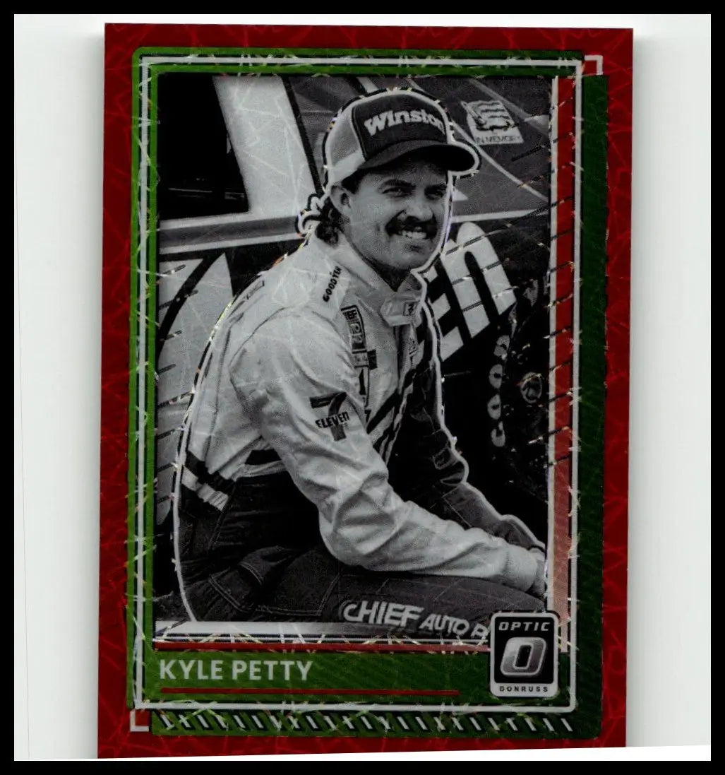 Red and green framed 2025 donruss kyle petty optic red velocity trading card featuring black and white photo