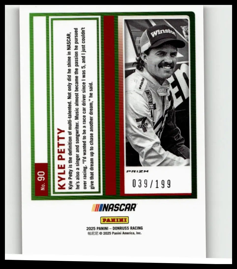 A 2025 donruss optic red velocity nascar trading card featuring kyle petty with a green and red border and prizm logo