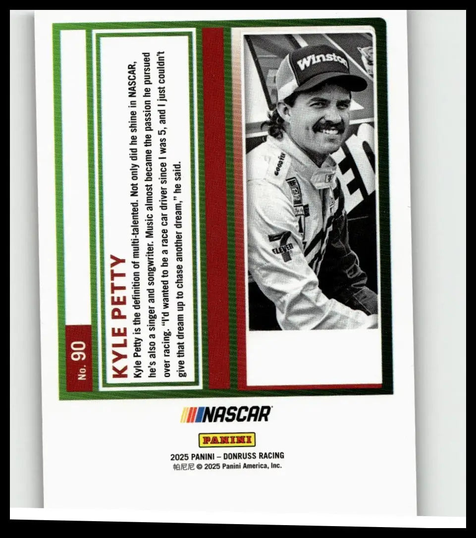 Black-and-white portrait of nascar driver kyle petty in a white racing suit featured on 2025 donruss #90 kyle petty purple card