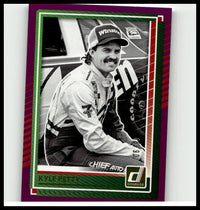 Purple and green bordered 2025 donruss #90 kyle petty purple trading card with black and white photo of nascar driver kyle petty