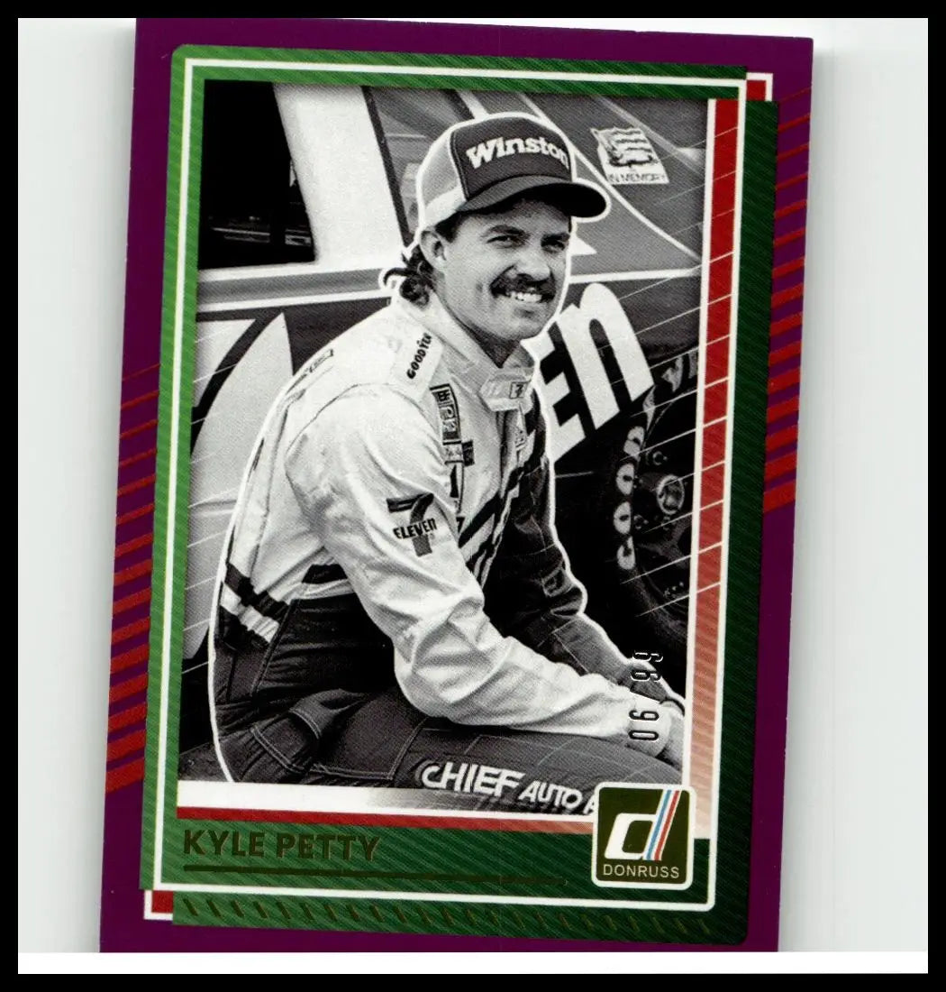 Purple and green bordered 2025 donruss #90 kyle petty purple trading card with black and white photo of nascar driver kyle petty