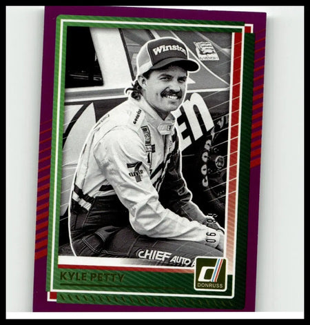 Purple and green bordered 2025 donruss #90 kyle petty purple trading card with black and white photo of nascar driver kyle petty