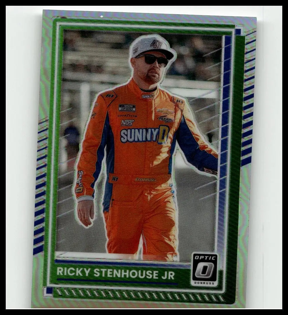 Ricky stenhouse jr optically detailed action figure in orange and blue sunny d racing suit from 2025 donruss optic
