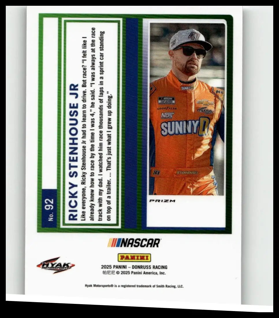 Orange racing suit with sunnyd branding and sponsor logos worn by ricky stenhouse jr in 2025 donruss stenhouse jr optic toy figure