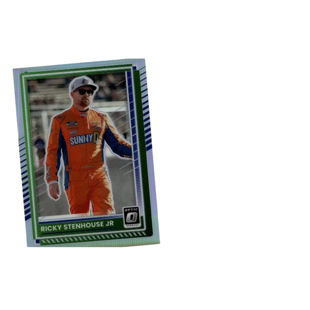 A vibrant orange and blue racing suit action figure of Ricky Stenhouse Jr from 2025 Donruss toys and games