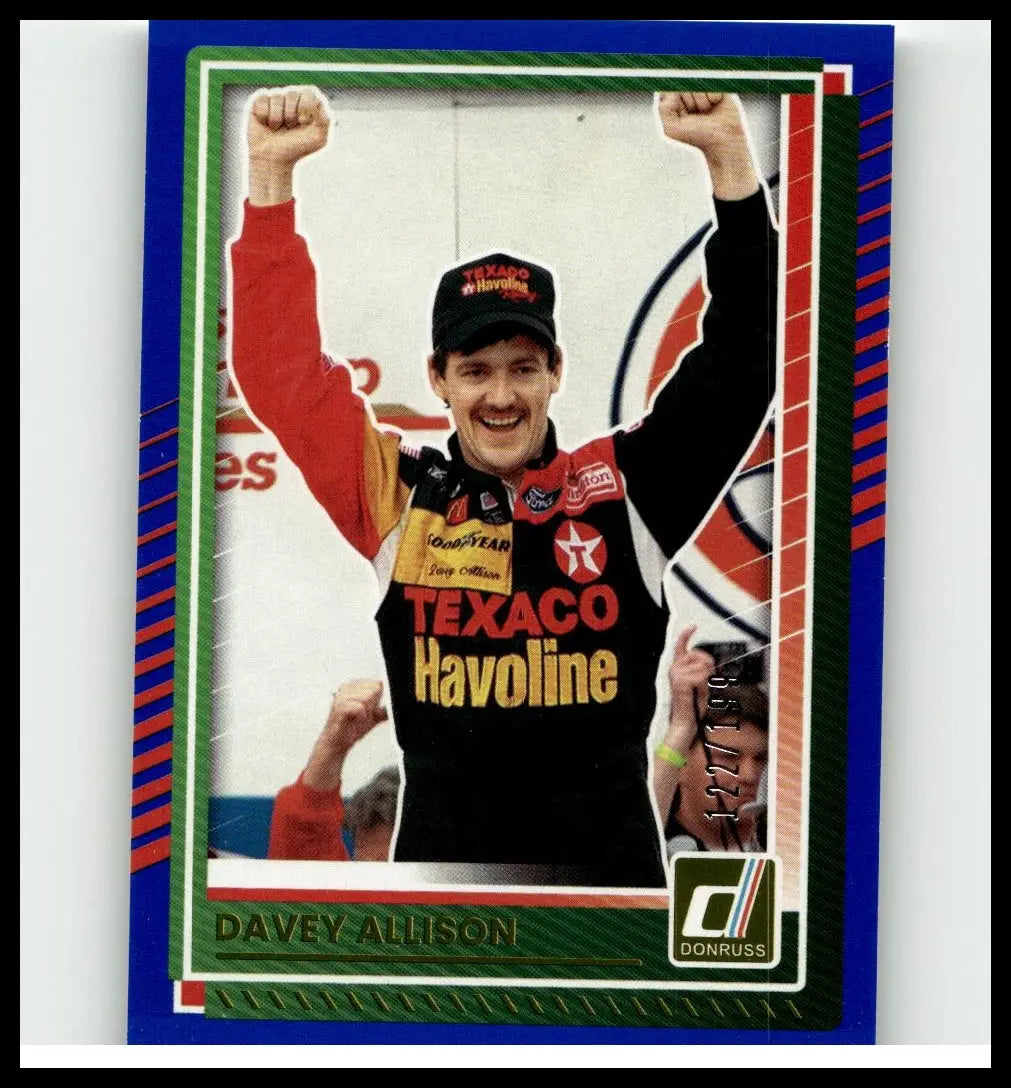 2025 donruss nascar trading card featuring davey allison in black texaco havoline suit with blue green and red border numbered 93