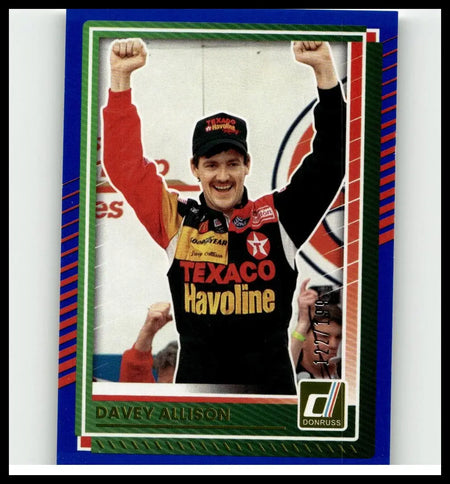 2025 donruss nascar trading card featuring davey allison in black texaco havoline suit with blue green and red border numbered 93