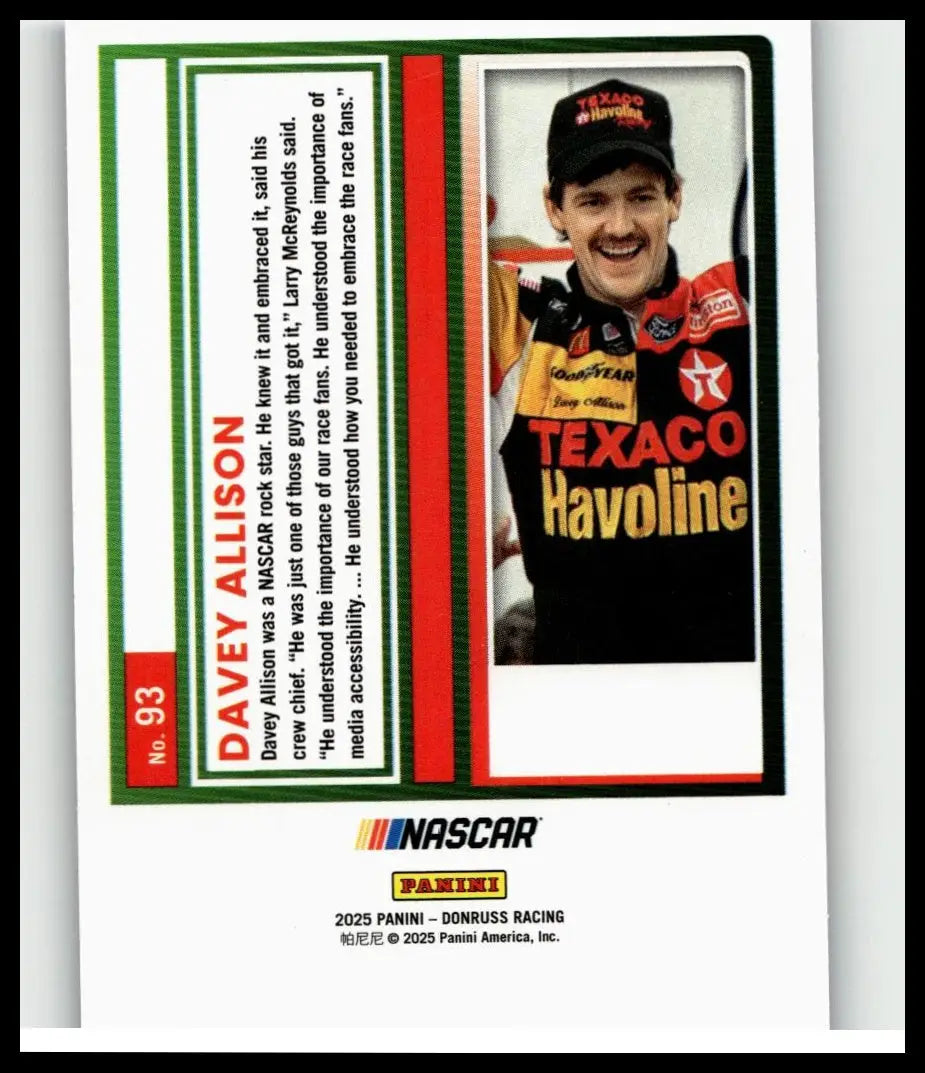 2025 donruss #93 davey allison blue nascar trading card featuring smiling driver in black red texaco havoline suit