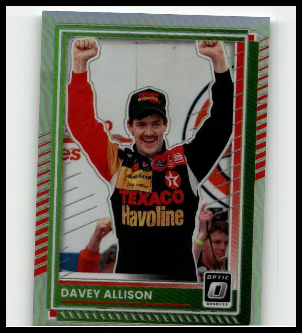 2025 donruss #93 davey allison optic trading card with vibrant red and black texaco havoline suit framed in glossy green border