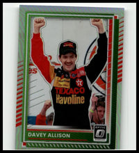 2025 donruss #93 davey allison optic trading card with vibrant red and black texaco havoline suit framed in glossy green border